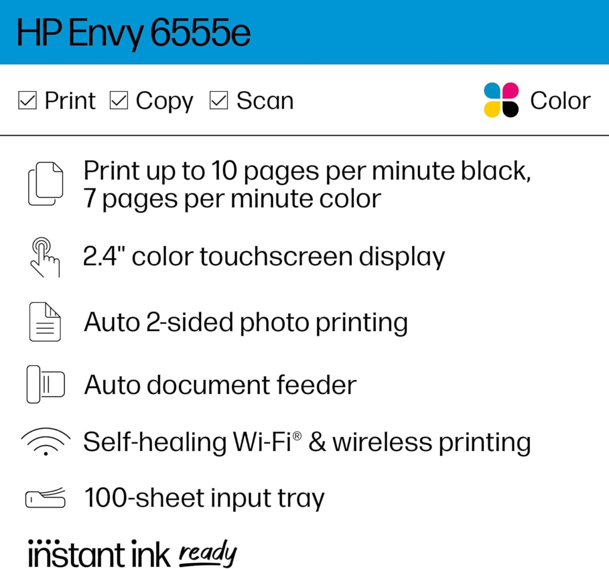 Envy 6555E Wireless All-In-One Color Inkjet Printer, Print, Scan, Copy, Duplex Printing Best-For-Home, 3 Months of Ink Included (714N5A) - Image 2