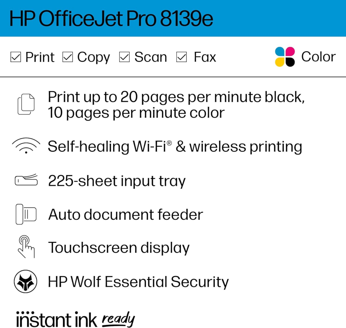 Officejet Pro 8139E Wireless All-In-One Color Inkjet Printer, Print, Scan, Copy, Fax, ADF, Duplex Printing Best-For-Home Office, 1 Year of Instant Ink Included - Image 4