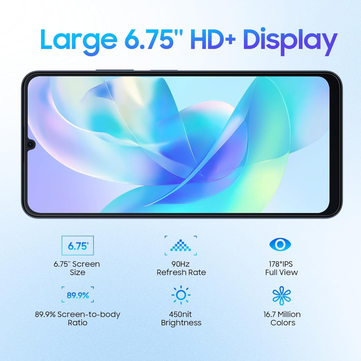 Color 8 Unlocked Cell Phones, 16GB+128GB+SD 2TB, 50MP Camera Smartphone, Mobile Phones 6000Mah Battery+18W, 6.75" HD+ 90Hz Cellphone, 4G Dual SIM/3 Card Slots,Fingerprint,3.5Mm Earphone Jack - Image 5