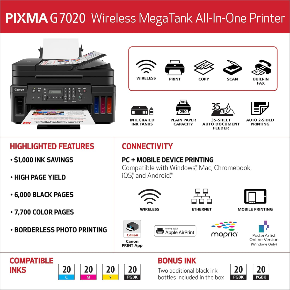 G7020 All-In-One Printer Home Office | Wireless Supertank (Megatank) Printer | Copier | Scan, | Fax and ADF with Mobile Printing, Black, Works with Alexa - Image 6
