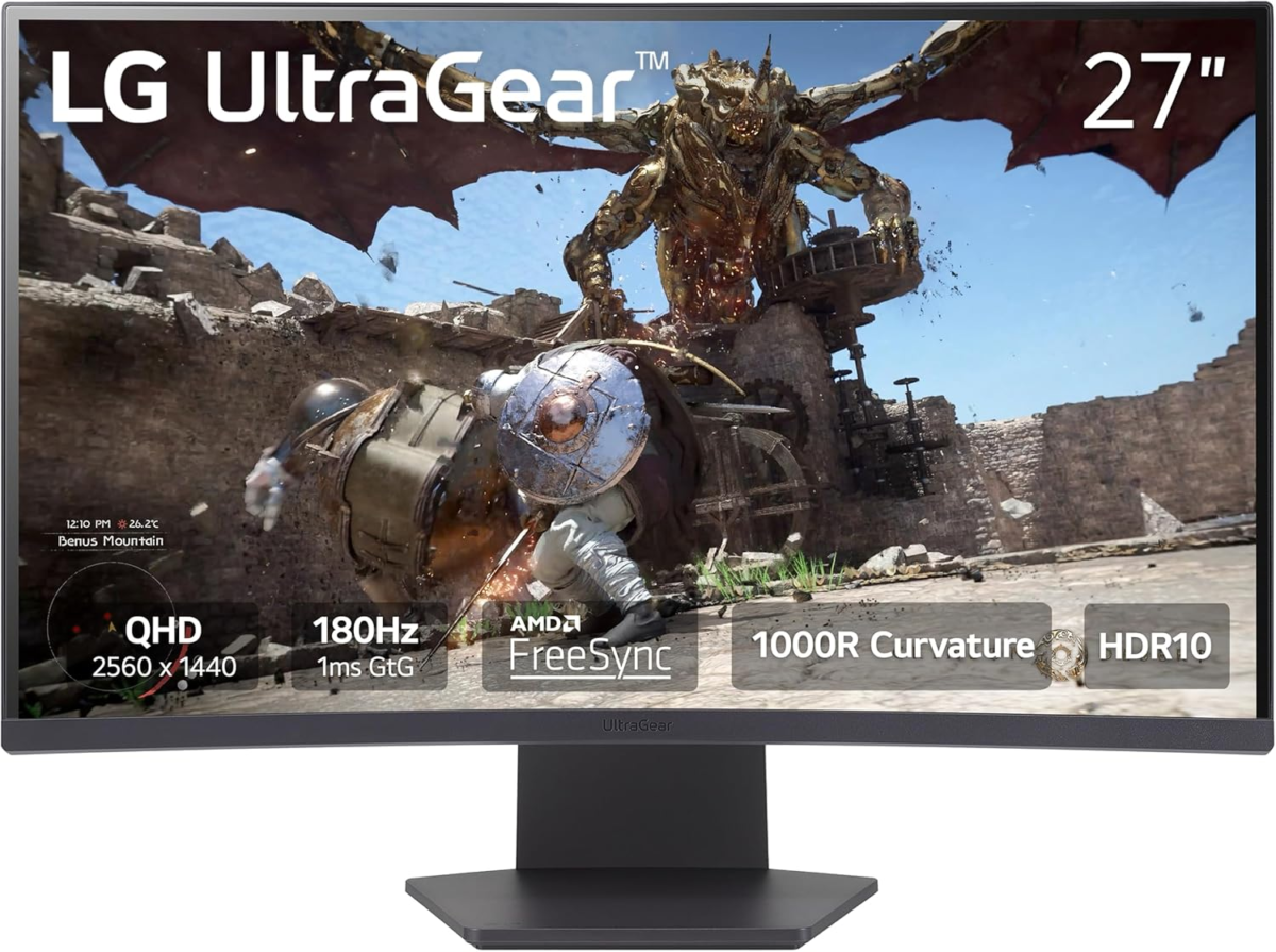 27GS60QC-B Ultragear Curved Gaming Monitor 27-Inch QHD (2560X1440) 180Hz 1Ms 1000R AMD Freesync HDR10 Hdmix2 Displayport Borderless Design Black Stabilizer DAS Crosshair FPS Counter - Black - Image 1