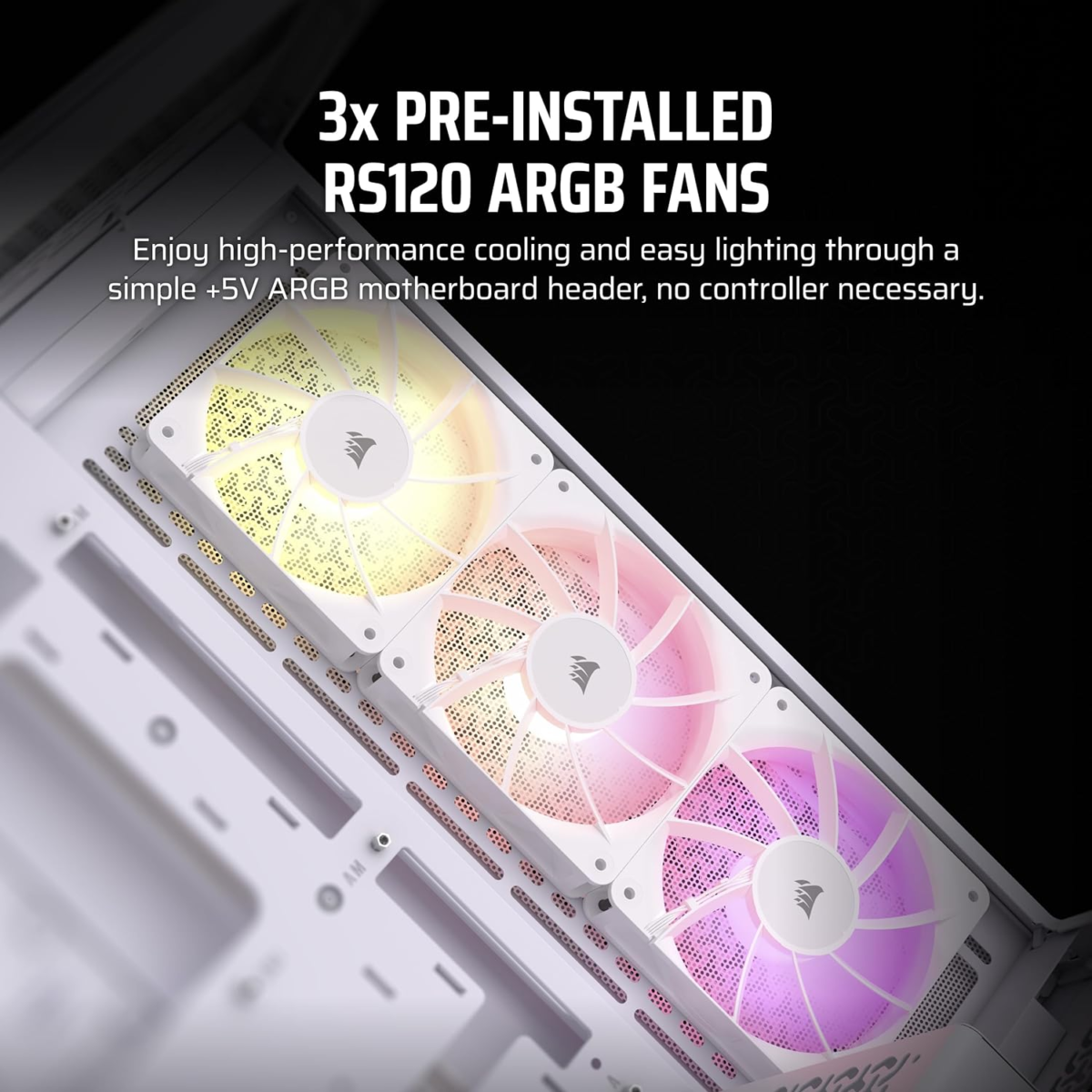 3500X ARGB Mid-Tower ATX PC Case – Panoramic Tempered Glass – Reverse Connection Motherboard Compatible – 3X  RS120 ARGB Fans Included – White - Image 3