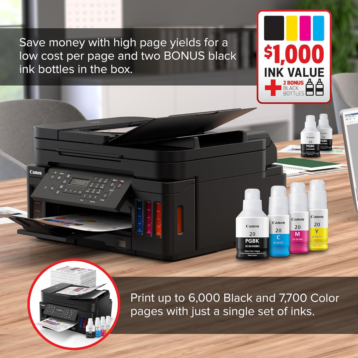G7020 All-In-One Printer Home Office | Wireless Supertank (Megatank) Printer | Copier | Scan, | Fax and ADF with Mobile Printing, Black, Works with Alexa - Image 2