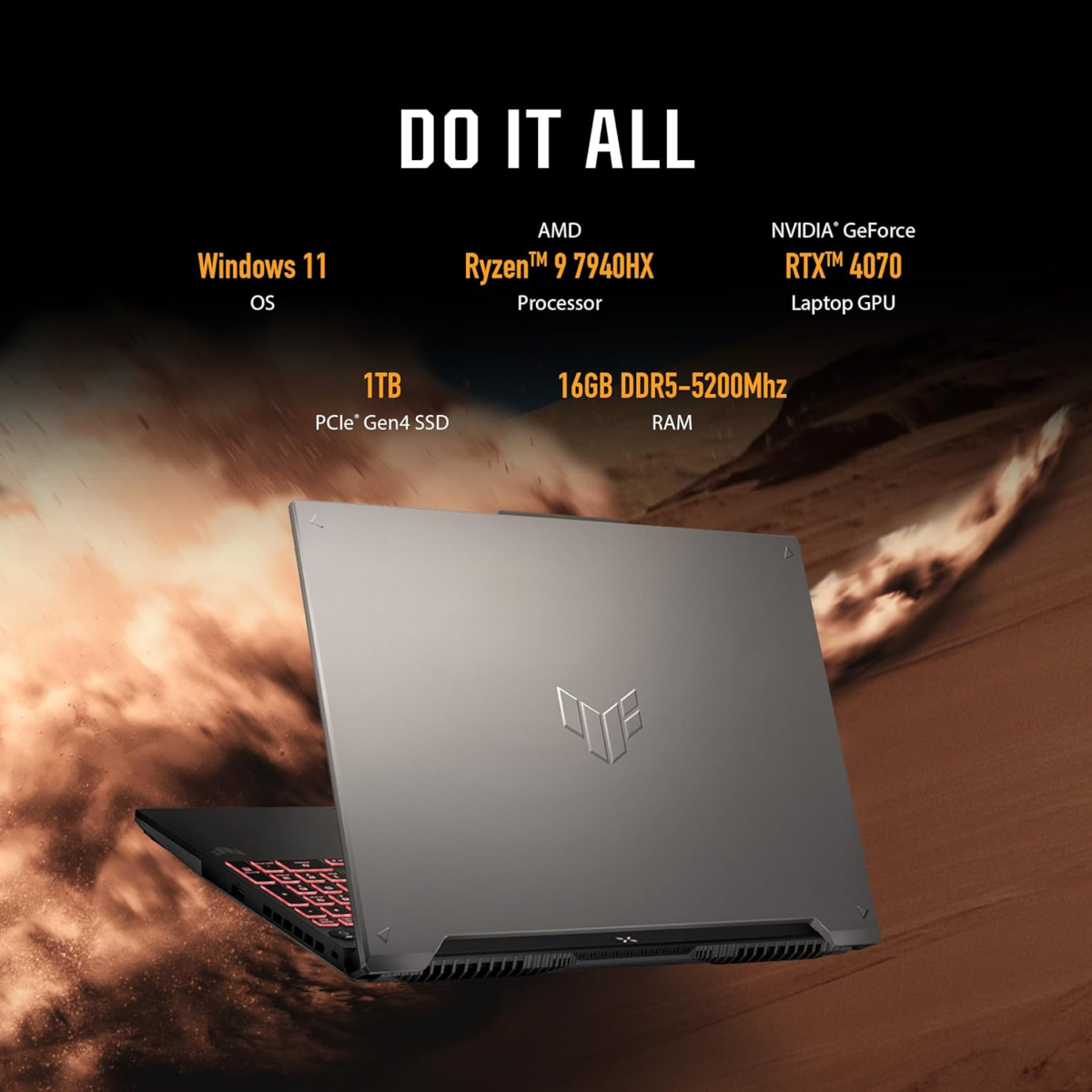 TUF Gaming A16 (2024) Gaming Laptop, 16” QHD+ 165Hz 16:10 Display, AMD Ryzen™ 9 7940HX, NVIDIA® Geforce RTX™ 4070, 16GB DDR5, 1TB Pcie Gen4 SSD, Wi-Fi 6, Windows 11, FA607PI-AS94 - Image 3
