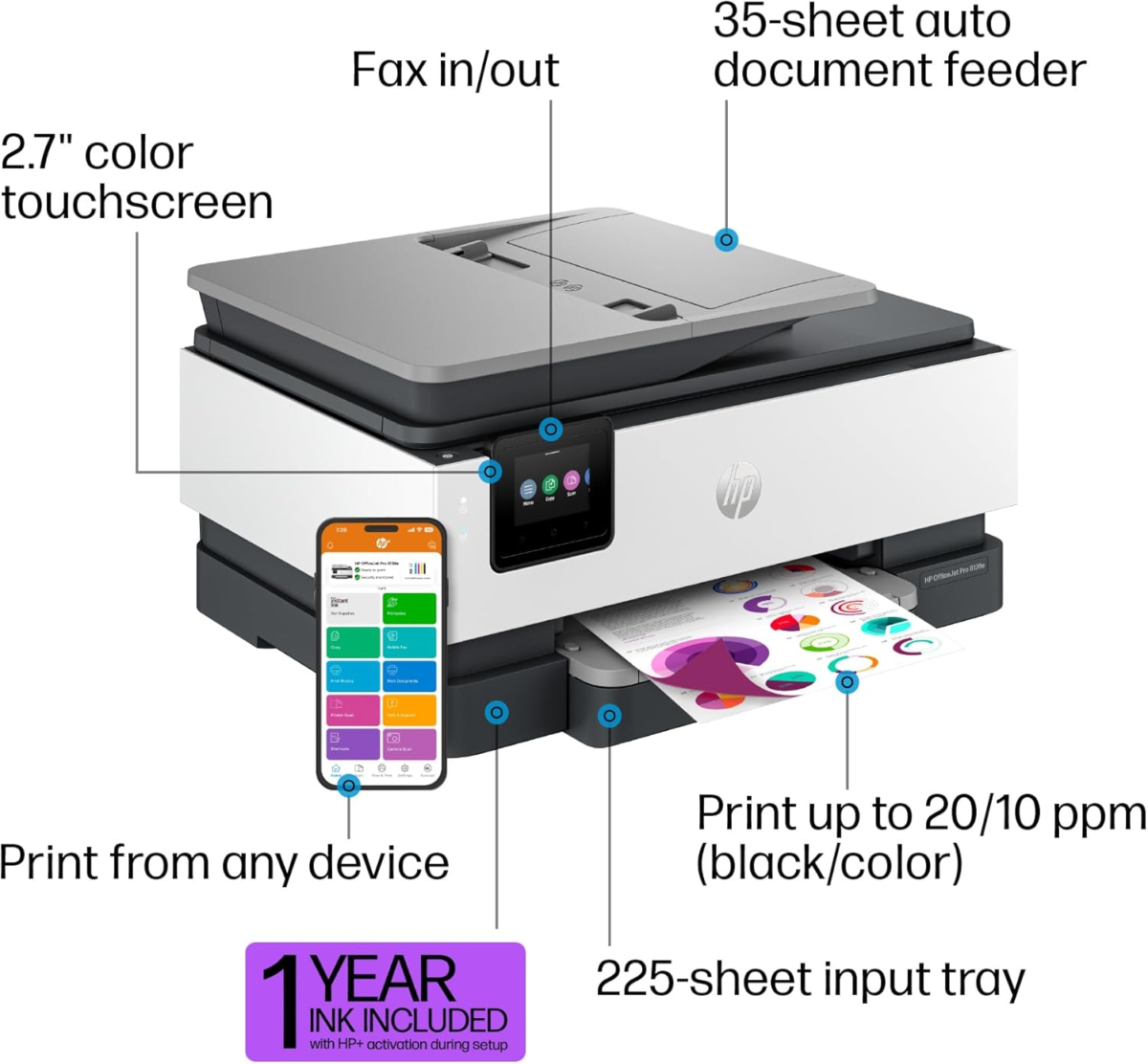Officejet Pro 8139E Wireless All-In-One Color Inkjet Printer, Print, Scan, Copy, Fax, ADF, Duplex Printing Best-For-Home Office, 1 Year of Instant Ink Included - Image 6