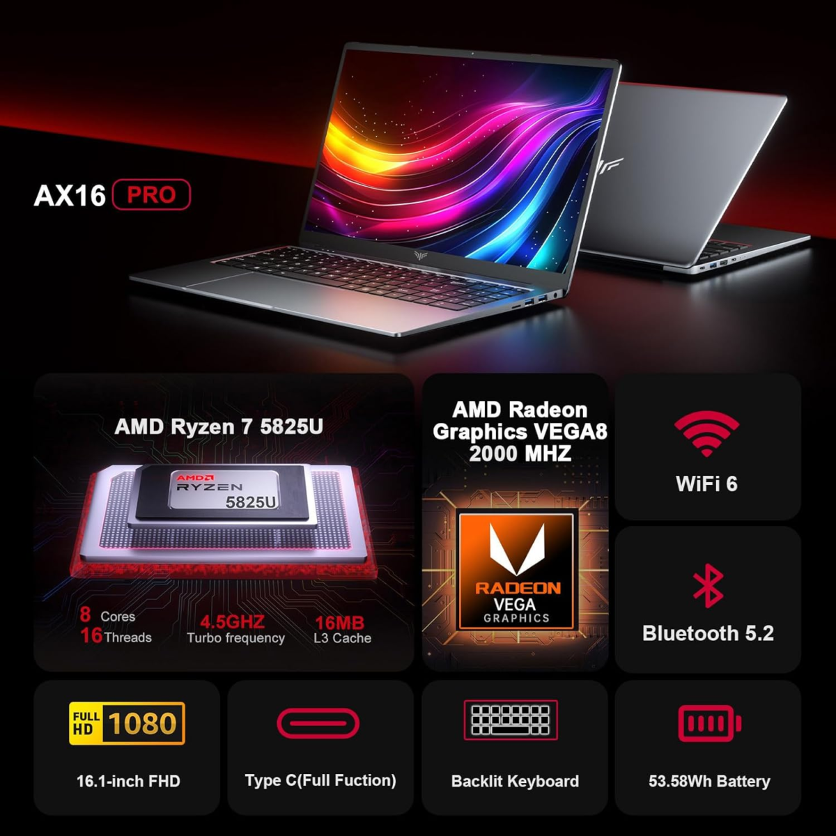 Gaming Laptop AMD Ryzen 7 5825U Laptop 16GB DDR4 (2 * 8GB, Dual Channel) 512GB M.2 2280 Nvme SSD Windows Laptop 16.1-Inch IPS WIFI6 Mini Laptop - Image 2