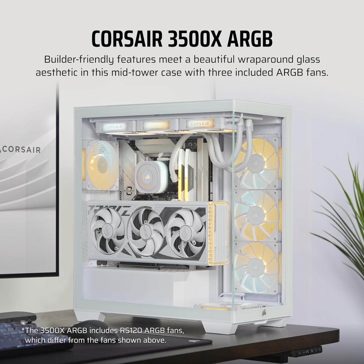 3500X ARGB Mid-Tower ATX PC Case – Panoramic Tempered Glass – Reverse Connection Motherboard Compatible – 3X  RS120 ARGB Fans Included – White - Image 2