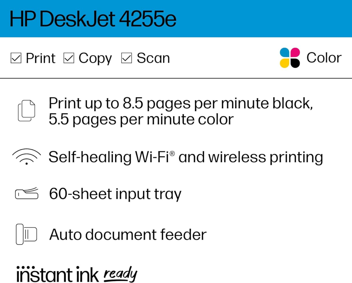 Deskjet 4255E Wireless All-In-One Color Inkjet Printer, Scanner, Copier, Best-For-Home, 3 Months of Ink Included (588S6A) - Image 2