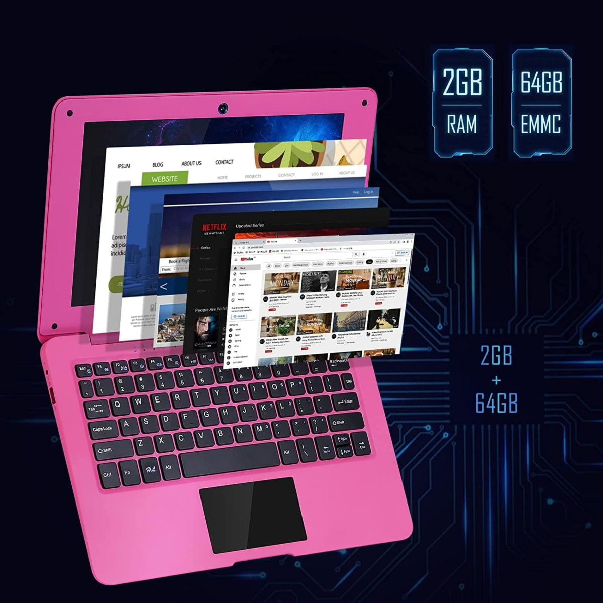 10.1" Inch Kids Netbook Laptop, Powered by Android 12 Operating System, 2Gb Ram, 64Gb Storage,2* USB, Camera, Wifi + Free Accessories Included. - Pink - Image 3