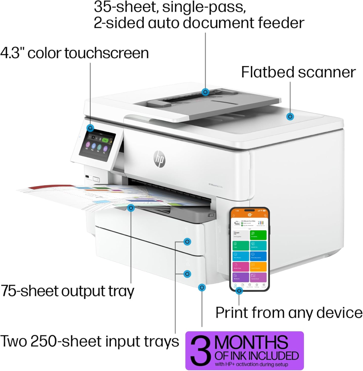 Officejet Pro 9730E Wide Format Wireless All-In-One Color Inkjet Printer, Print, Scan, Copy, ADF, Duplex Printing Best-For-Office, 3 Months of Ink Included (537P6A) - Image 4