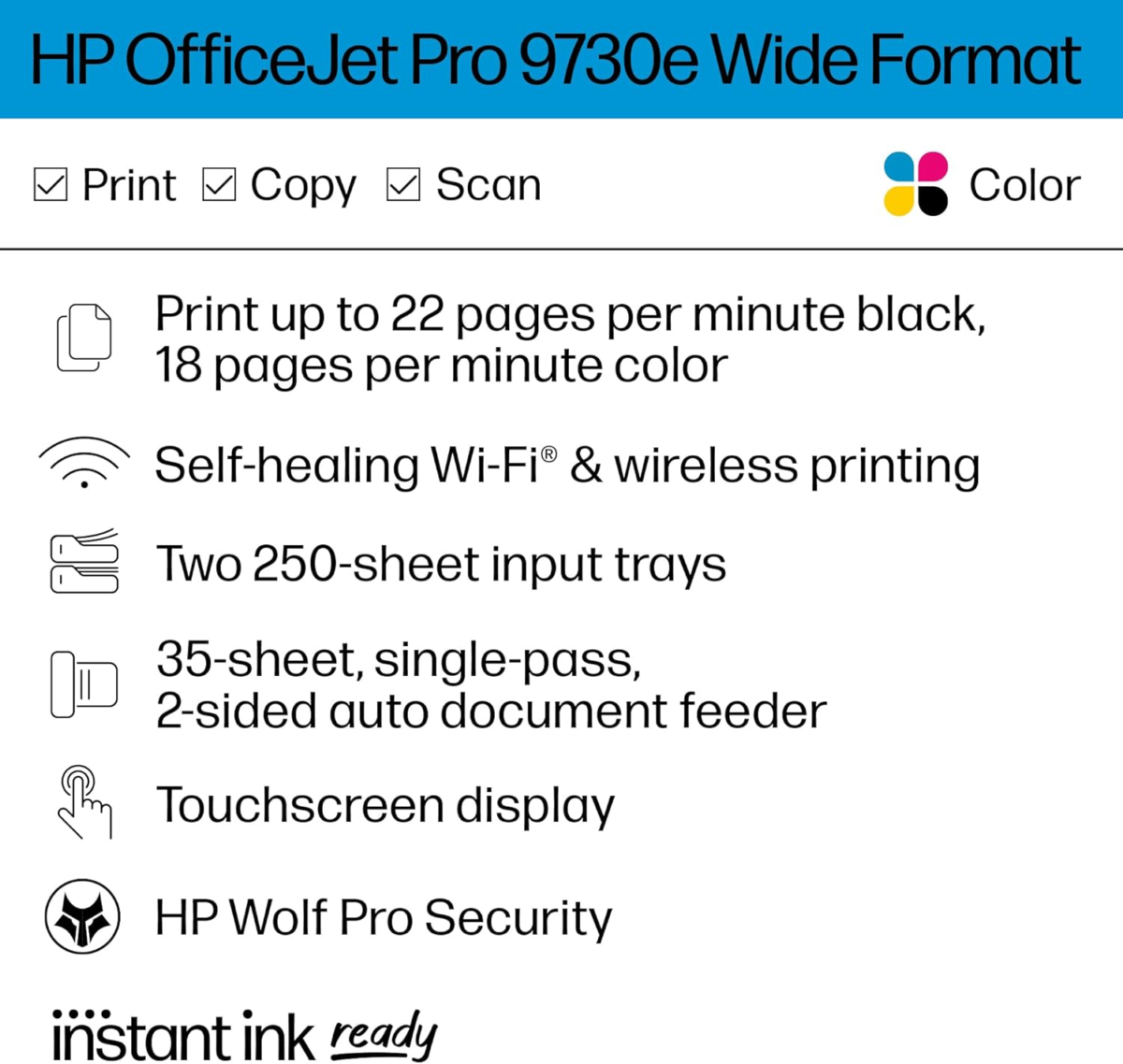 Officejet Pro 9730E Wide Format Wireless All-In-One Color Inkjet Printer, Print, Scan, Copy, ADF, Duplex Printing Best-For-Office, 3 Months of Ink Included (537P6A) - Image 2